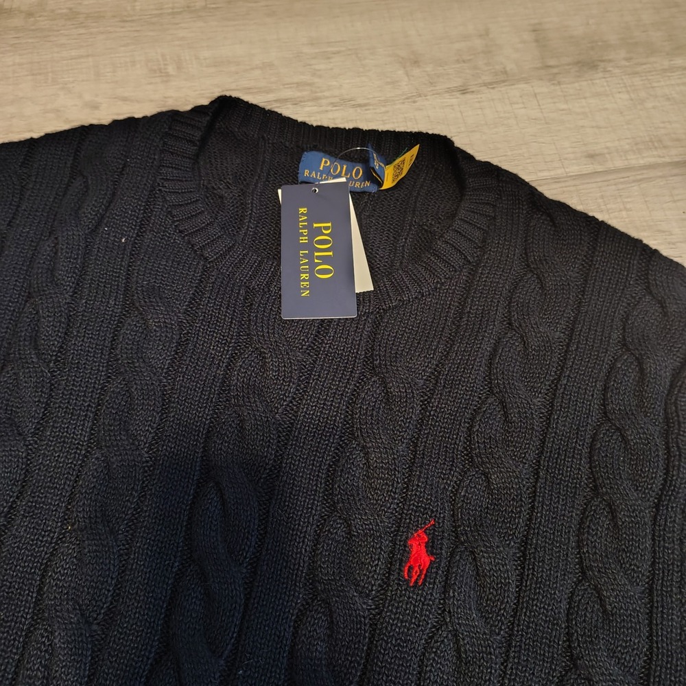 Polo Ralph Lauren Mens Cable Knit Sweater Navy Blue Red Pony Logo Large NWT